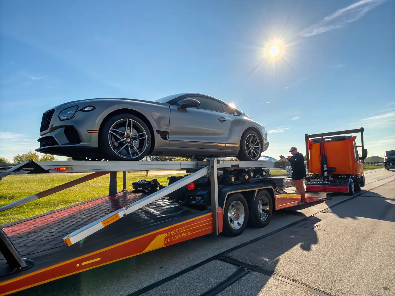 A photo of a luxury car being carefully loaded onto a transport truck, symbolizing the careful handling and secure delivery provided by RS IMPORT.