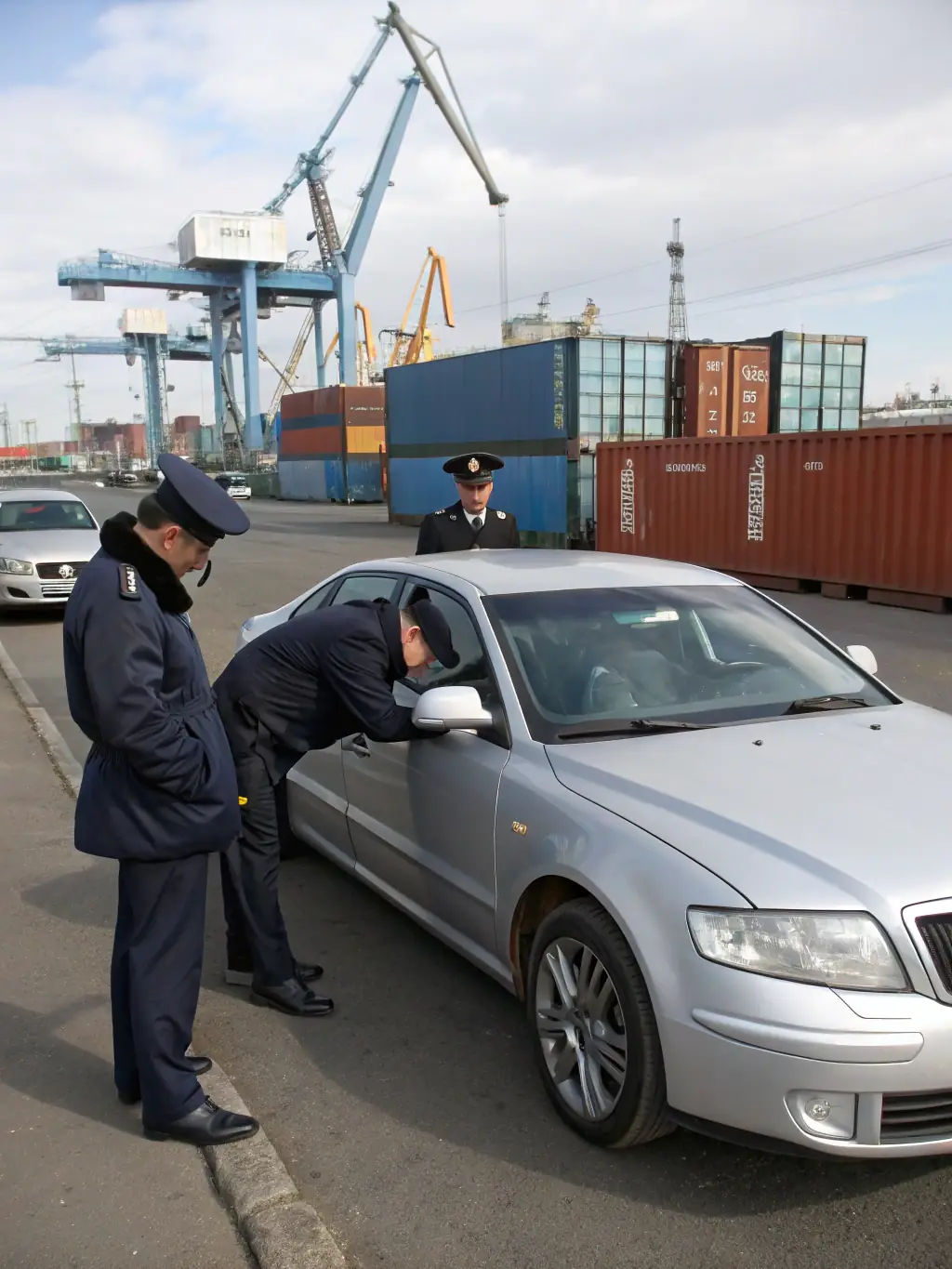 A photograph of customs officials inspecting a vehicle at a port, emphasizing the rigorous customs clearance process managed by RS IMPORT.