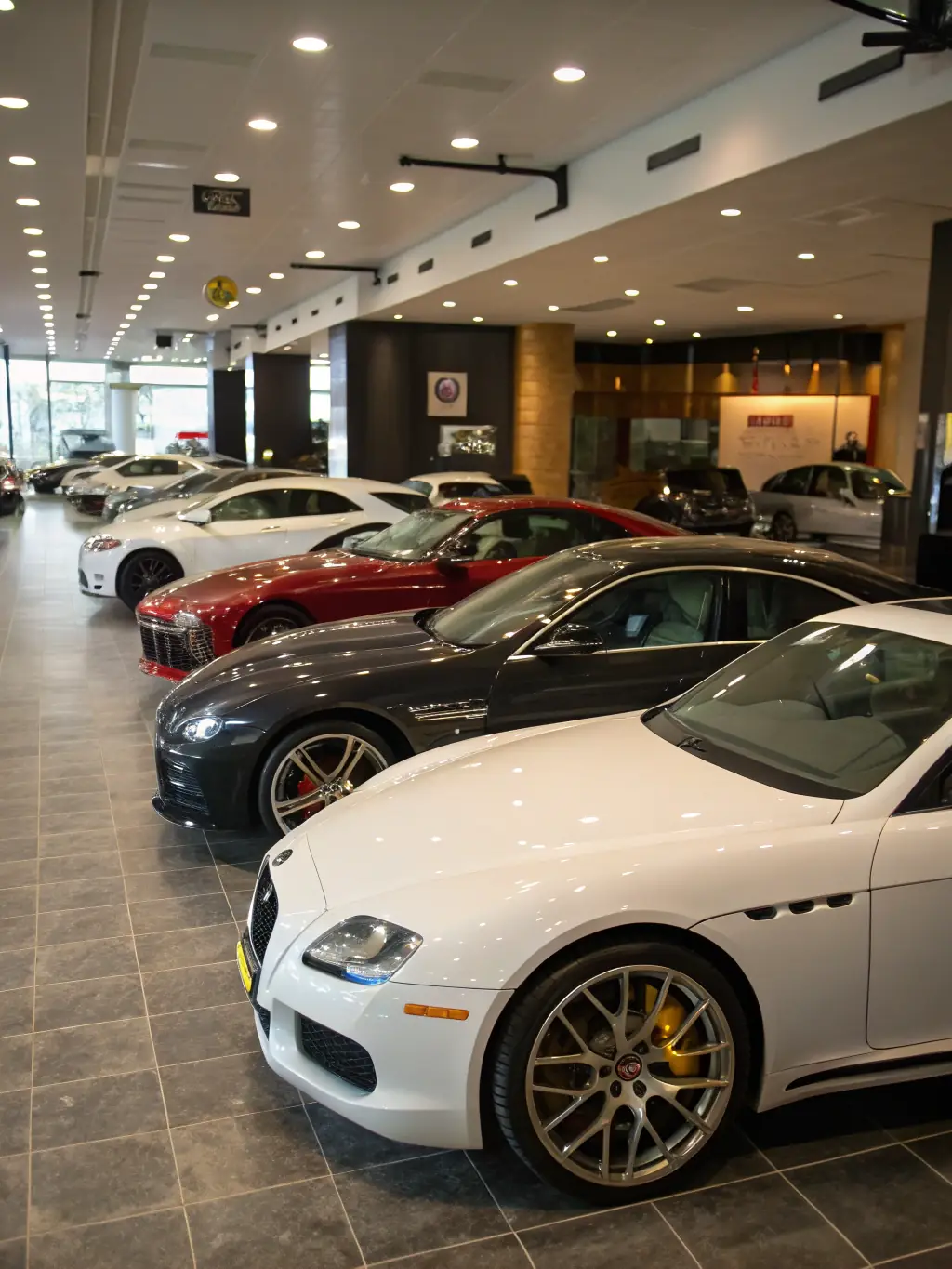 A professional photograph showcasing a variety of luxury cars being inspected at a Dubai car dealership, highlighting RS IMPORT's vehicle sourcing capabilities.